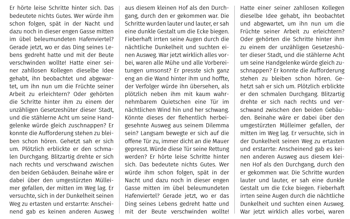 Das Bild einer Seite mit deutschem Text in übersichtlichem Spaltenlayout beschreibt eine mysteriöse Geschichte mit Schritten und einem nachdenklichen inneren Monolog. Der dichte Text ist blocksatzartig ausgerichtet und hat eine einheitliche Zeilenlänge, was zu einem strukturierten Erscheinungsbild beiträgt.