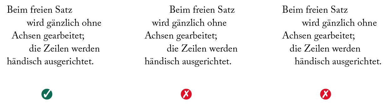 Drei Absätze erläutern die Textausrichtung. Der erste Absatz links, markiert mit einem grünen Häkchen, ist linksbündig und sorgt für optimale Zeilenlänge. Der mittlere und rechte Absatz, markiert mit roten Xs, sind zentriert bzw. rechtsbündig.