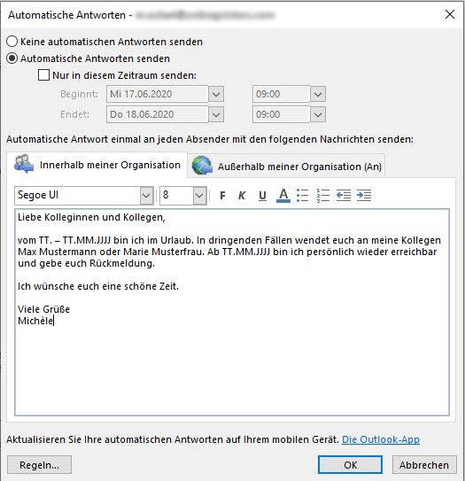 Outlook-Fenster zur Bearbeitung der automatischen Antwort