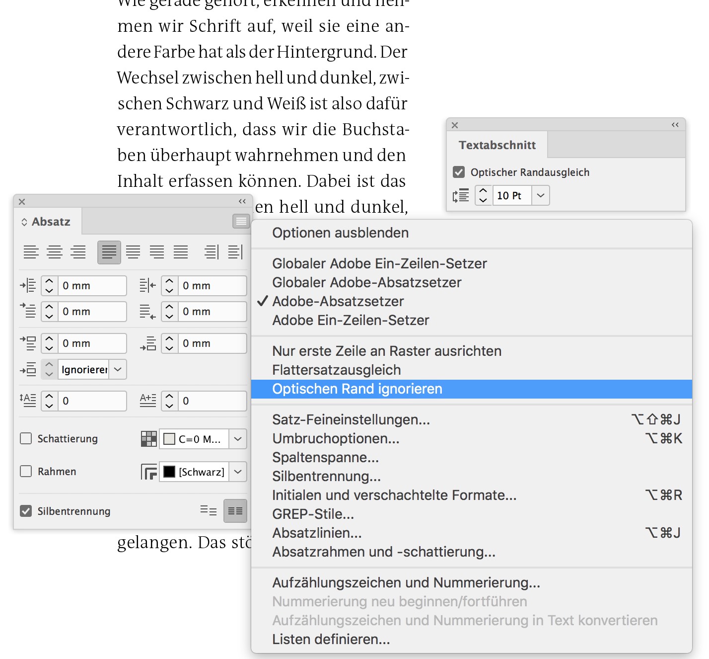 Blocksatz: Optischen Rand in InDesign ignorieren