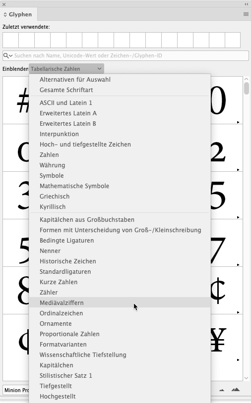 InDesign: Mediävalziffern via Glyphen