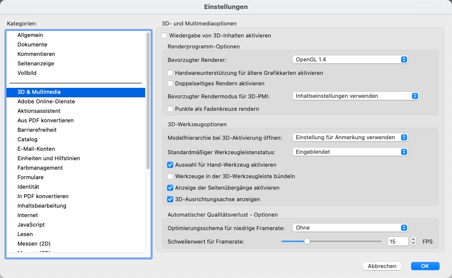 3D PDF öffnen Einstellungen