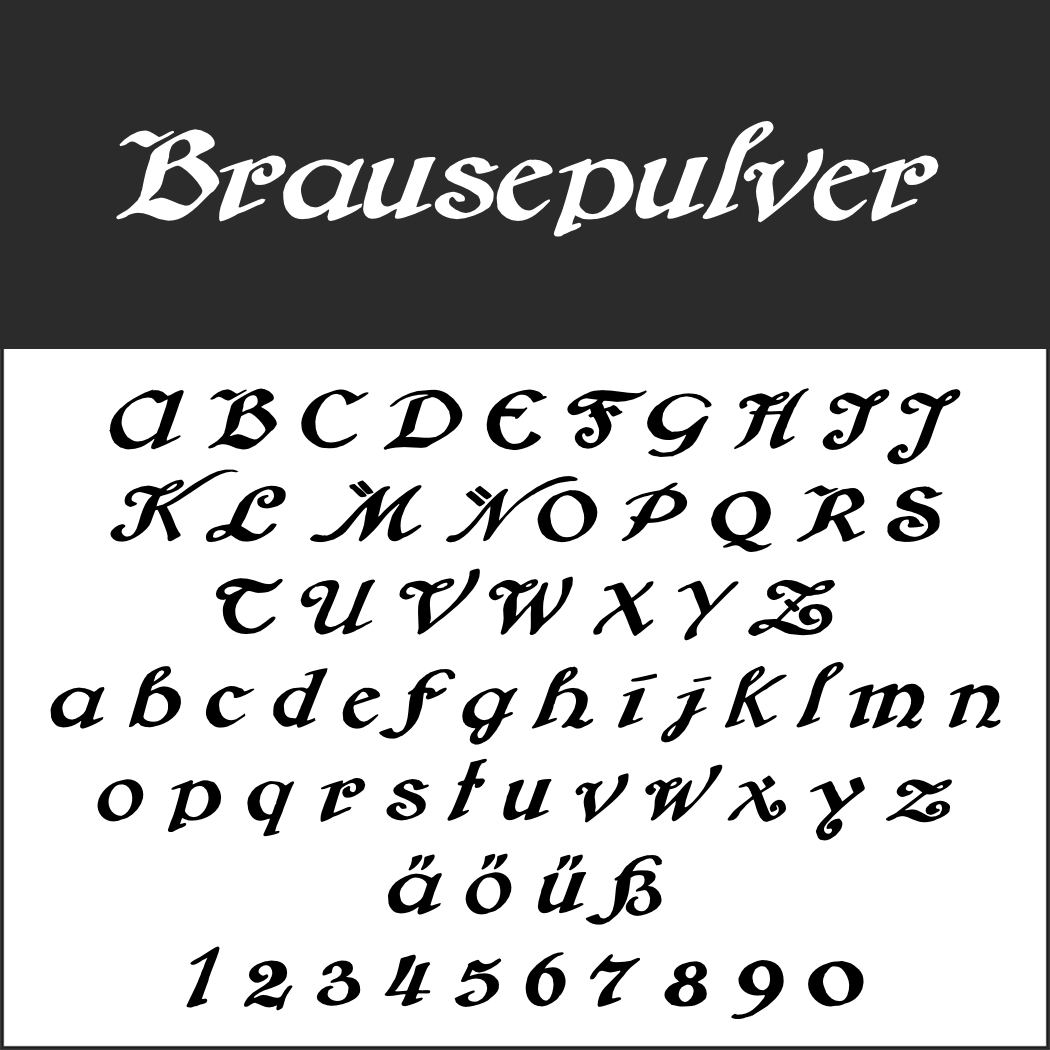 Das Kalligraphie-Schriftbeispiel mit dem Titel „Brausepulver“ zeigt eine atemberaubende Schönschrift, die das gesamte Groß- und Kleinbuchstabenalphabet in einem eleganten Frakturstil darstellt. Sonderzeichen (ä, ö, ü, ß) und Zahlen 0-9 vervollständigen diese exquisite Präsentation.