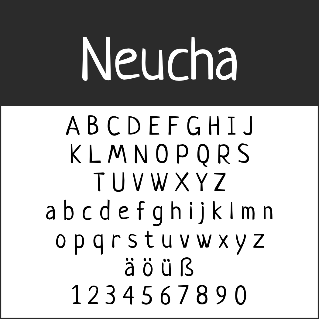 Ein Textbild, das die Schriftart „Neucha“ im eleganten Schönschrift-Stil zeigt und die Großbuchstaben A-Z, die Kleinbuchstaben a-z, die Sonderzeichen ä, ö, ü, ß und die Zahlen 0-9 auf einem makellos weißen Hintergrund präsentiert.