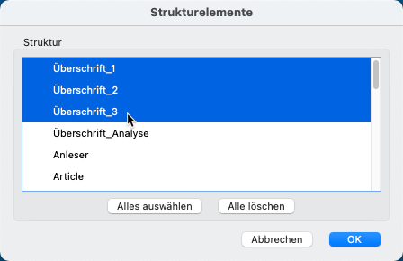 Strukturelemente Lesezeichen Export