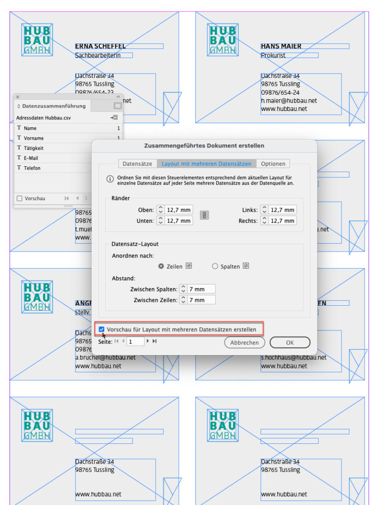 Vorschau für Layout mit mehreren Datensätzen