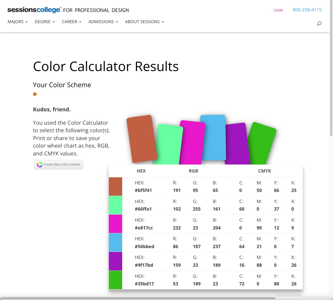 Sessions College - Color Calculator Results
