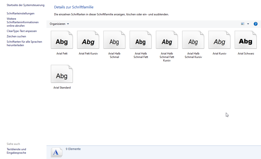 Screenshot Systemsteuereung Schriftarten Arial