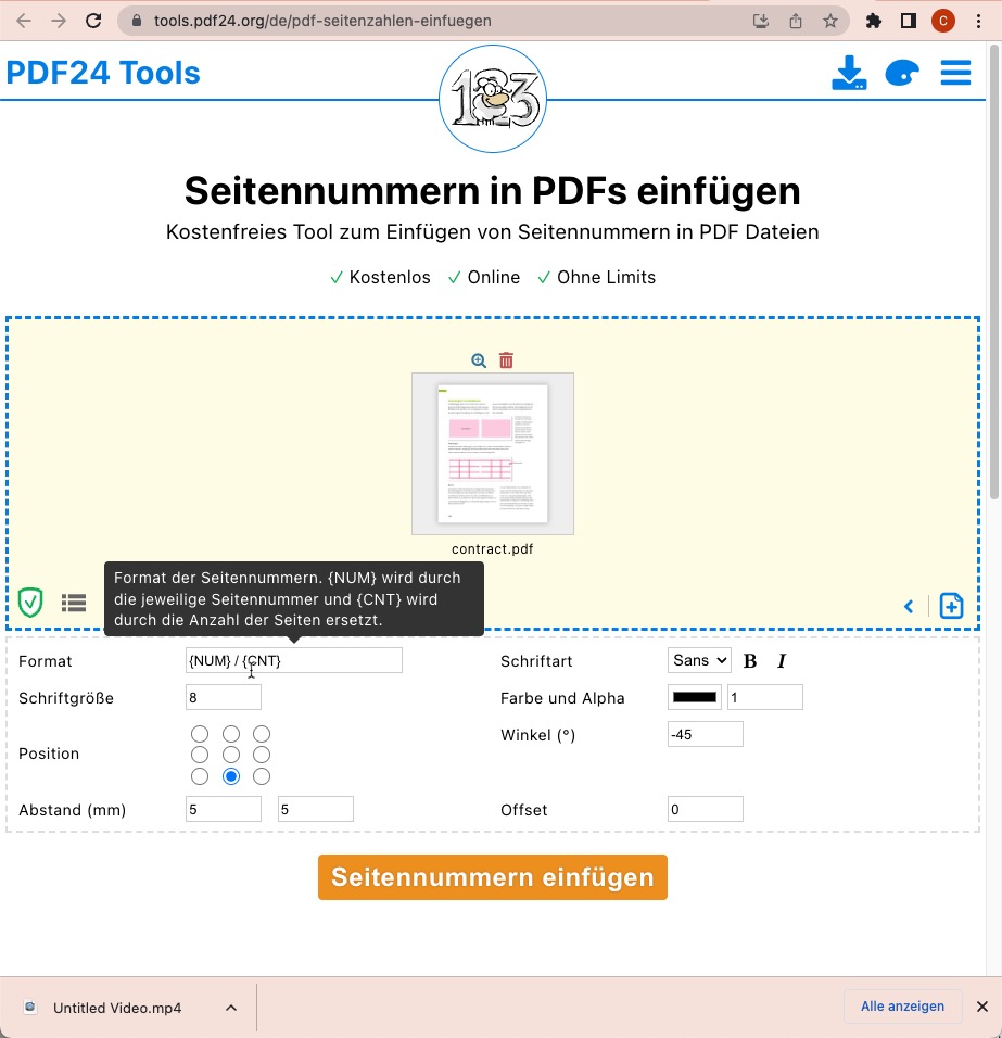 PDF Seitenzahlen einfügen Screenshot PDF24 Tools