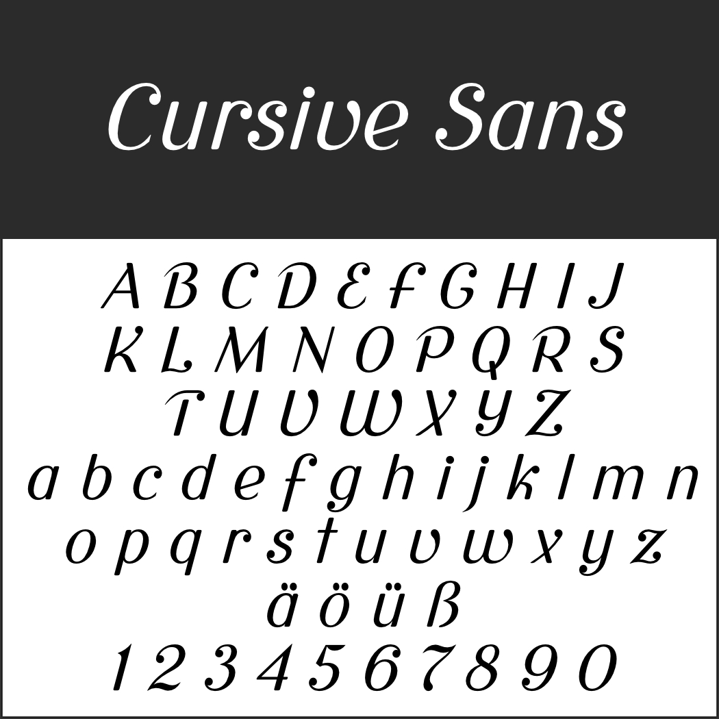 Das Schriftartbeispiel Kursive Schrift zeigt Groß- und Kleinbuchstaben, Umlaute (ä, ö, ü) und die Zahlen 0-9. Es verfügt über einen stilvollen, skriptähnlichen serifenlosen Look mit einer dunklen Überschrift, die „Kursive Schrift“ elegant in derselben Schriftart präsentiert.