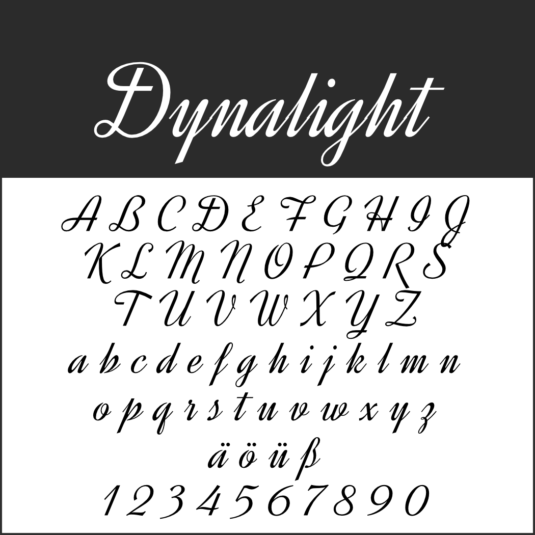Ein Anzeigebild zeigt die Kursivschrift „Dynalight“. Sie enthält Großbuchstaben A-Z, Kleinbuchstaben a-z, Sonderzeichen ä, ö, ü und die Zahlen 0-9 – alles in einer stilvollen handgeschriebenen Schrift.