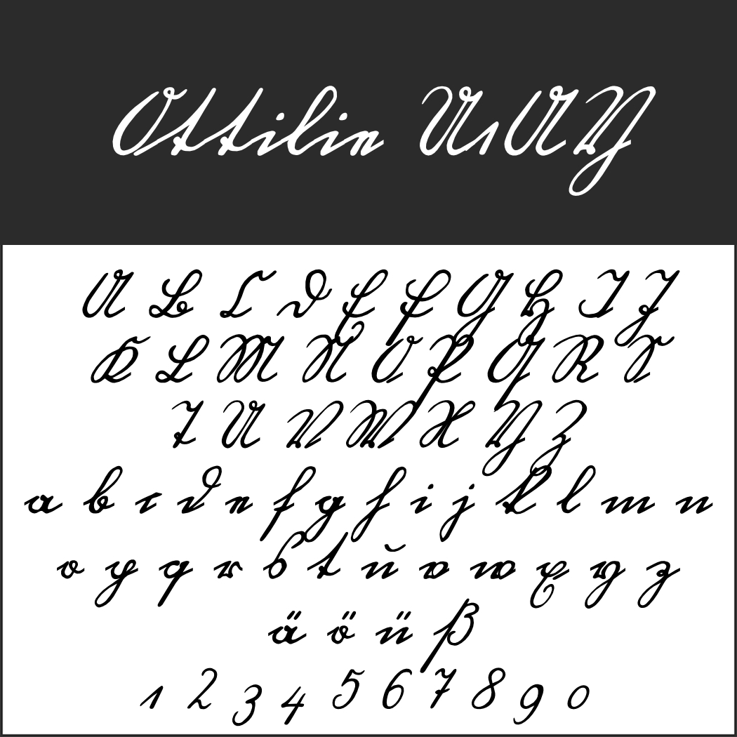 Kursive Schrifttabelle mit Groß- und Kleinbuchstaben in Kursivschrift von A bis Z, einschließlich Umlauten (ä, ö, ü), dem Zeichen ß und den Zahlen 1 bis 9. Der Text „Abcdefghijklmnopqrstuvwxyz“ ziert den oberen Rand.