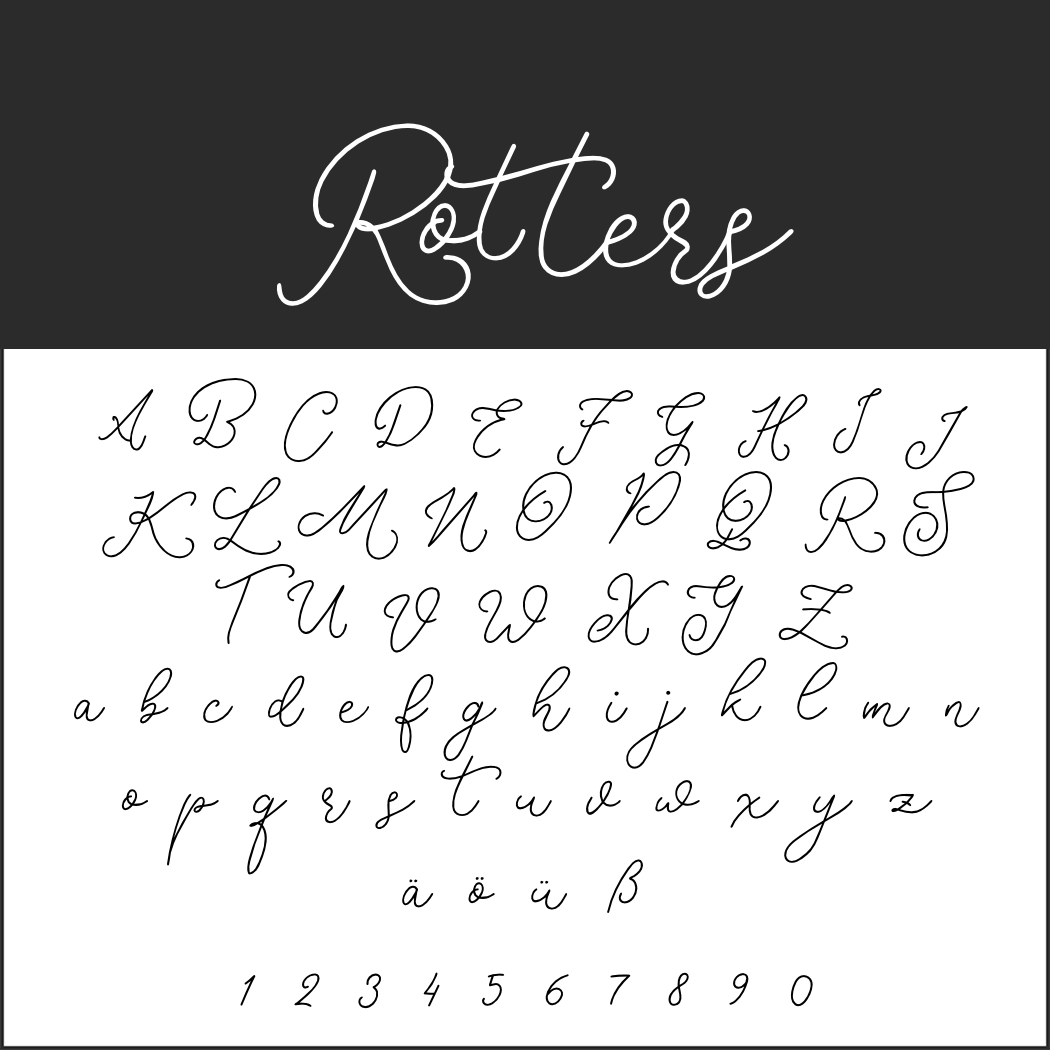 Beispiel einer kursiven Handschriftschrift mit dem Titel „Rotters“ im kursiven Schriftstil. Enthält Großbuchstaben A-Z, Kleinbuchstaben a-z, Sonderzeichen (ä, ö, ü, ß) und die Zahlen 0-9. Zeigt eine anmutige und elegante Schrift auf schwarzem Hintergrund.