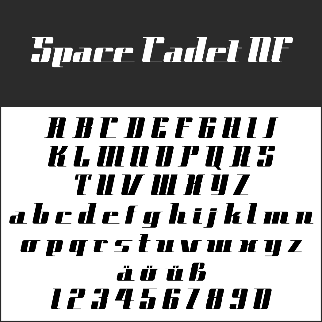 Textbild mit der Schriftart „Space Cadet MF“ in einem kräftigen, futuristischen Stil und einem Hauch von Kursivschrift. Es enthält Groß- und Kleinbuchstaben, Umlaute ä, ö, ü und die Zahlen 0-9. Der Schriftname wird oben deutlich angezeigt.