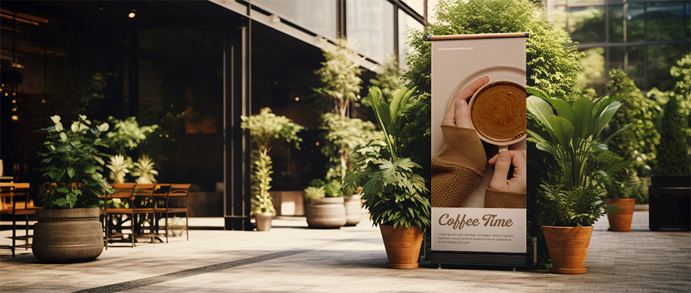 Roll-up für Werbung vor dem Café