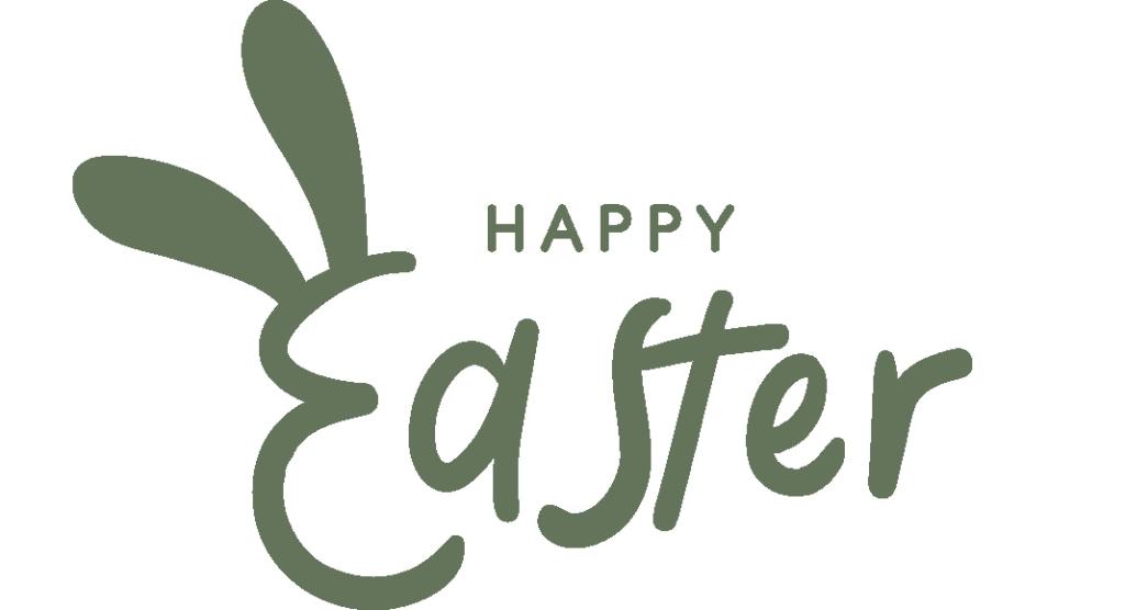 Die Textgrafik mit stilisierter Schrift lautet „Frohe Ostern“. Das „E“ in „Easter“ hat verspielte Hasenohren. Die gedämpfte grüne Farbe verleiht einen Hauch von Frühling, perfekt für Ihre Osteraktionen-Feiern.