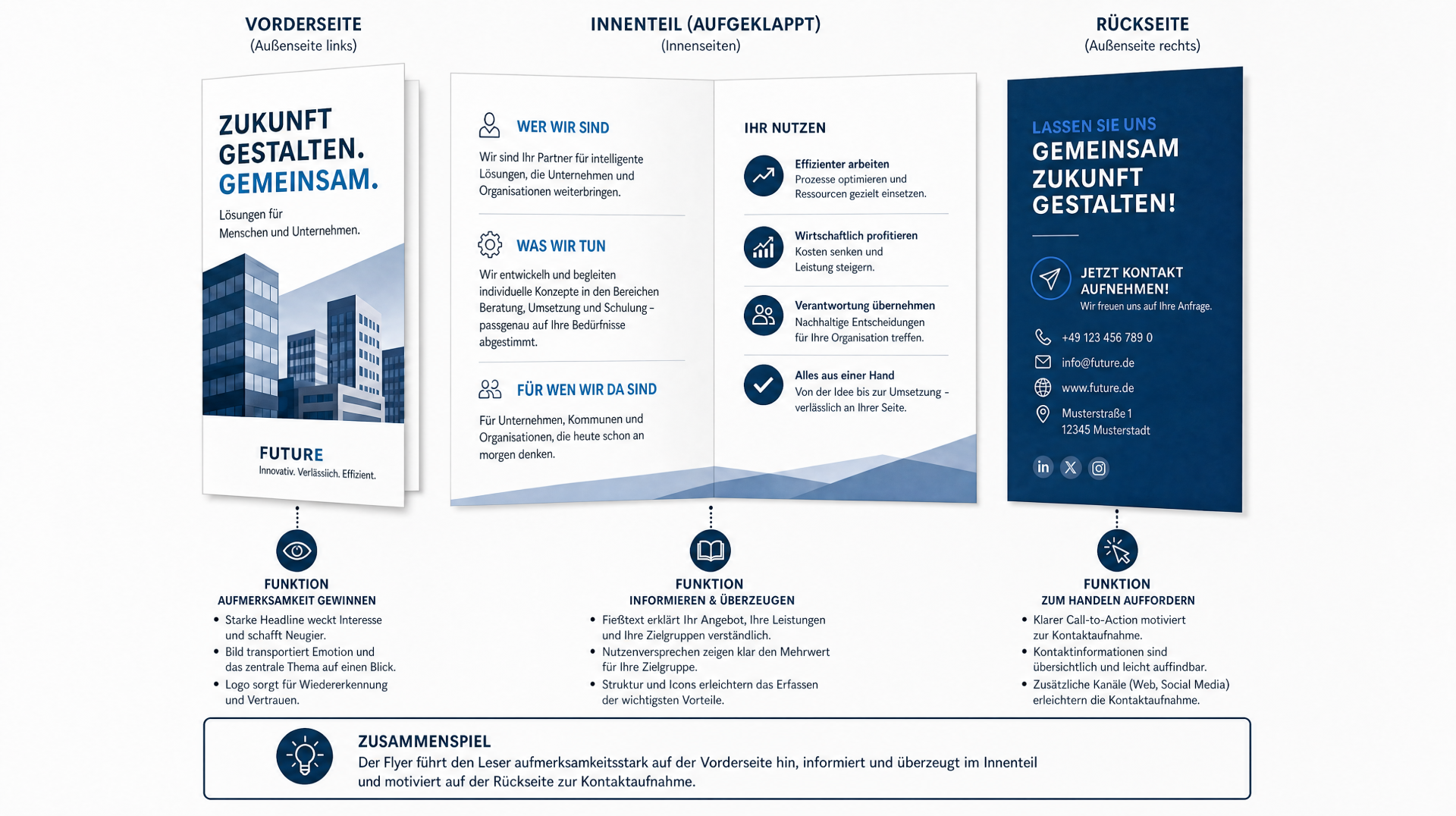 Schematische Darstellung des Flyer-Aufbaus: Links die Vorderseite mit Headline, Bild und Logo, in der Mitte der aufgeklappte Innenteil mit Fließtext und Nutzenversprechen, rechts die Rückseite mit Kontaktdaten und Call-to-Action. Jede Seite ist mit ihrer jeweiligen Funktion beschriftet