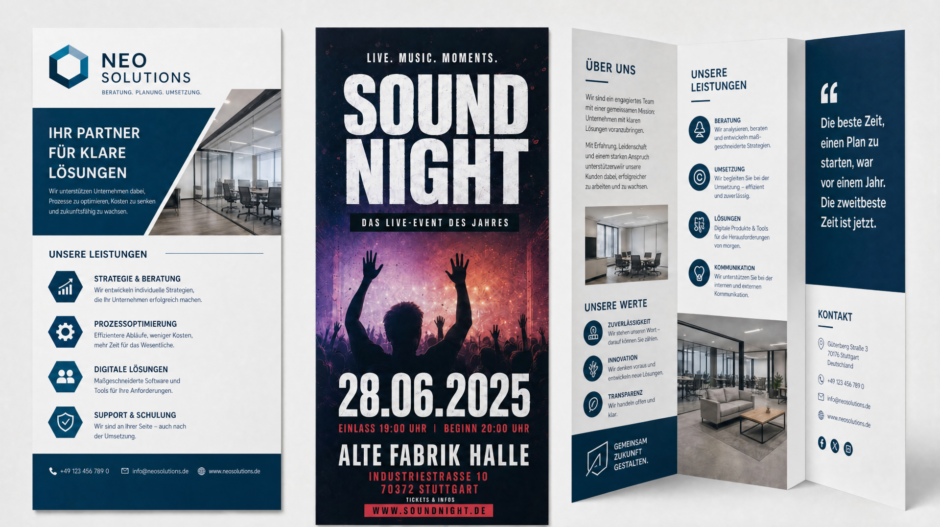 Drei Flyer-Beispiele nebeneinander: ein sachlich gestalteter Firmenflyer mit Logo und Leistungsübersicht, ein Eventflyer mit großem Datum und Veranstaltungsort auf der Vorderseite sowie ein aufgeklappter Falzflyer mit mehreren Innenseiten.
